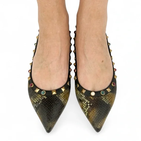 VALENTINO Garavani Rockstud Snakeskin Ballet Flats Size IT37.5 - Picture 1 of 11